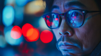 Poster - Melancholic Asian man analyzing stock market charts and data on a display, capturing the impact of financial setbacks and market downturns.