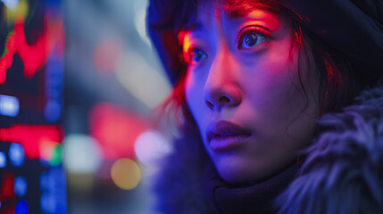 Poster - Asian woman with a sorrowful expression viewing stock exchange data and chart graphs on a screen, illustrating investment challenges and losses.
