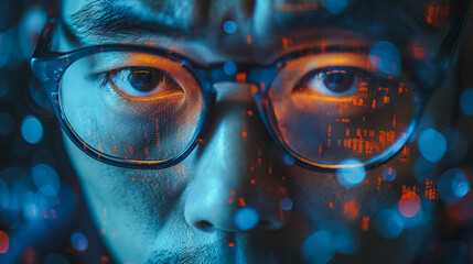 Poster - Sad Asian man staring at a display with stock exchange data and chart graphs, reflecting financial distress and market concerns.