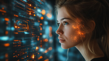 Poster - A woman is looking at a computer screen with a lot of orange and blue lights. Concept of technology and artificial intelligence, as the woman stares at the screen with a curious expression