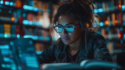 Wall Mural - A woman wearing glasses is sitting at a desk with a laptop and a stack of books. She is focused on her work, possibly studying or working on a project. Concept of productivity and concentration