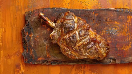 Canvas Print - Roasted pork knuckle on a wooden surface viewed from above on an orange backdrop