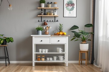 White kitchen cart with two drawers and an open shelf on top, holding coffee mugs and spices, placed next to an open shelf in front of gray walls. A plant stand is nearby