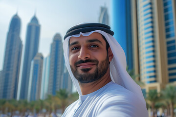 Canvas Print - dubai trip man taking selfie in city buildings