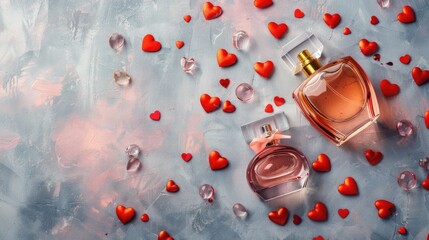 Canvas Print - Valentine s Day themed flat lay with hearts and perfume bottle on table top