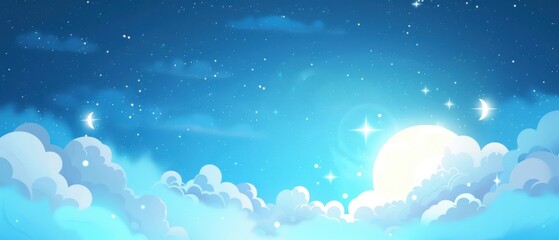 Sticker - A whimsical night sky filled with stars, clouds, and crescent moons in a dreamy, serene atmosphere.