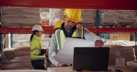 Aufkleber - Architect, man and laptop with blueprint at warehouse planning a building design, layout and project. Logistics, construction and engineering person with idea or floor plan for property development