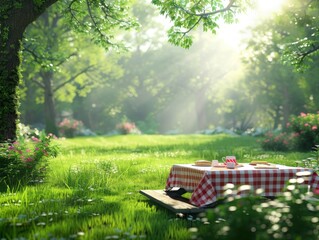 3D summer park with lush green grass and a picnic scene under the sun