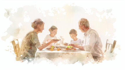 A family enjoys a joyful meal together, celebrating love and connection at the dining table with delicious food.