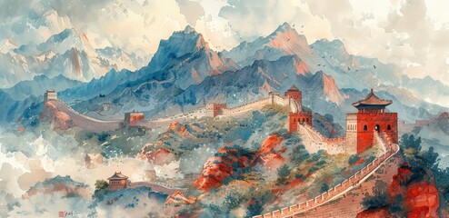 the great wall of china watercolor painting