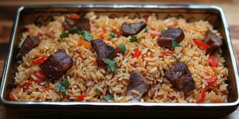 Wall Mural - Deliciously Spiced Rice with Tender Beef Chunks and Fresh Vegetables in a Baked Dish â€“ Perfect for a Hearty and Flavorful Meal