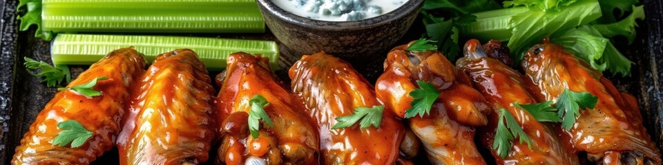 Canvas Print - Mouthwatering Barbecue Chicken Wings Platter with Fresh Celery and Blue Cheese Dip Perfect for Parties or Game Day Snacks