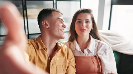 Poster - Couple, selfie and smile on sofa in home posting on social media, mobile app or internet. Man, woman and peace sign for bonding, profile picture or relationship with technology in house living room