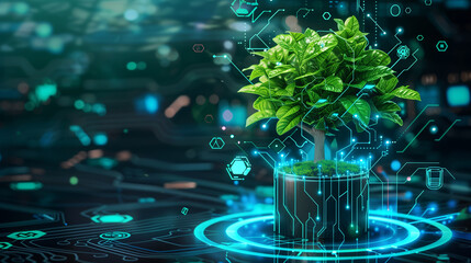 Wall Mural - Digital Tree Growing from a Circuit Board in a Technological Environment.