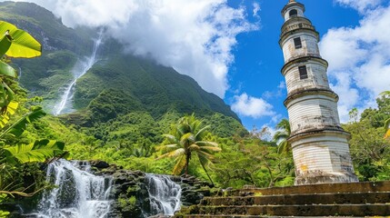 Scenic view of historical bell tower and waterfall set against lush tropical mountains under a vibrant blue sky with fluffy clouds