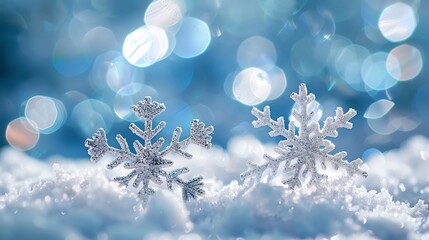 Two glittery snowflakes on snow, soft blue bokeh background, winter and festive, closeup