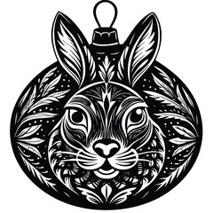 Wall Mural - A Black and White Ornament of a Rabbit's Face Surrounded by Floral Motifs