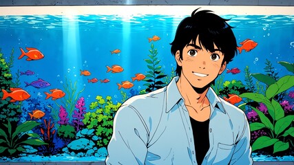 Wall Mural - handsome guy in aquarium background smiling happy illustration art anime cartoon