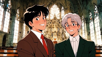 Wall Mural - handsome guy in cathedral interior background smiling happy illustration art anime cartoon