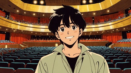 handsome guy in concert hall background smiling happy illustration art anime cartoon