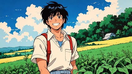 handsome guy in farm field background smiling happy illustration art anime cartoon