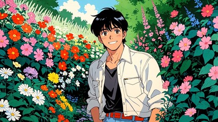 Wall Mural - handsome guy in flower garden background smiling happy illustration art anime cartoon