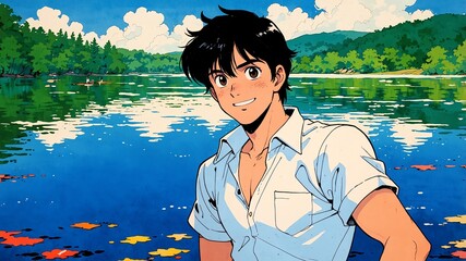 Canvas Print - handsome guy in lake with reflections background smiling happy illustration art anime cartoon