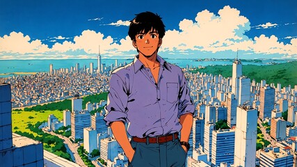 Wall Mural - handsome guy in skyline view background smiling happy illustration art anime cartoon