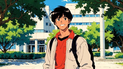 Wall Mural - handsome guy in university campus background smiling happy illustration art anime cartoon