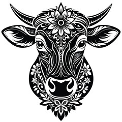 Wall Mural - Ornamental Black and White Cow Head with Floral Detail