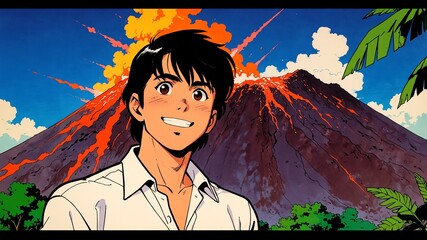 Wall Mural - handsome guy in volcano background smiling happy illustration art anime cartoon