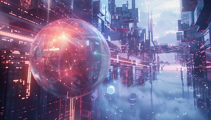 Poster - A futuristic sphere with glowing lights and digital patterns floating in the air