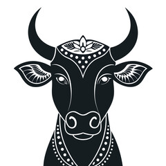 Wall Mural - Ornate Black and White Cow Head with Floral Detail