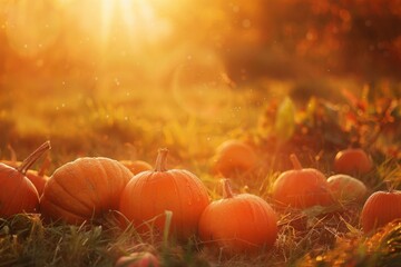 Wall Mural - A group of pumpkins bathed in warm golden sunlight, resting in a grassy field. The image radiates autumn ambiance and vibrant orange tones.