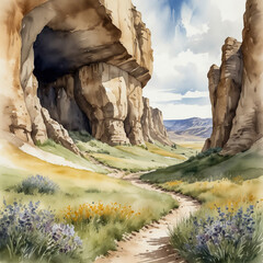 Wall Mural - Watercolor illustration of Wind Cave National Park in South Dakota. Capture the unique features of one of the longest and most complex caves in the world, known for its rare boxwork formations