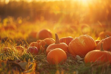 Wall Mural - A serene autumn sunset in a pumpkin field, filled with ripe pumpkins glowing under the golden light.