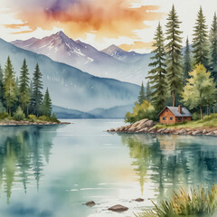 Wall Mural - Watercolor illustration of the Flathead Lake in Montana. Capture the serene beauty of the largest natural freshwater lake in the western U.S.,