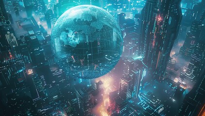 Poster - A futuristic sphere with glowing lights and digital patterns floating in the air