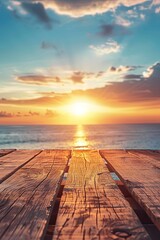 Wall Mural - A wooden table standing out on a serene sunset background