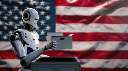 Closeup of one hands casting their vote into the ballot box, with an American flag in silhouette behind them Generative AI