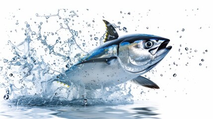 Bluefin tuna is a saltwater fish found in the Mediterranean on a white background.