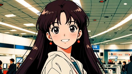 Wall Mural - girl cute in airport terminal background smiling happy with long hair anime illustration art cartoon