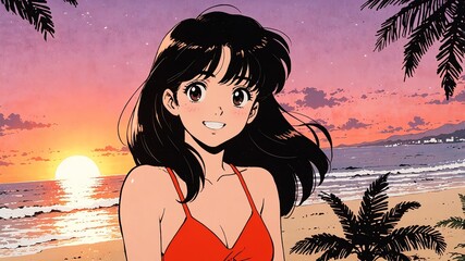 Canvas Print - girl cute in beach at sunset background smiling happy with long hair anime illustration art cartoon