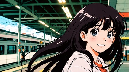 Wall Mural - girl cute in train station background smiling happy with long hair anime illustration art cartoon