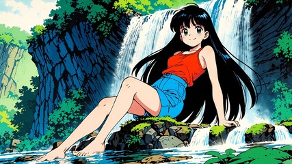 Wall Mural - girl cute in waterfall background smiling happy with long hair anime illustration art cartoon