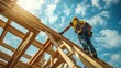 © Oulaphone - Builder working on wooden roof beams of building on construction site. Wooden house frame, Roofer builder.