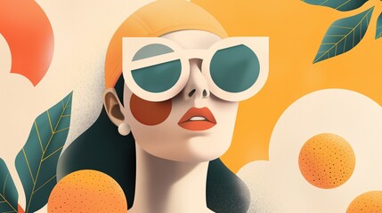 Summer Sun, Style Icon: A vibrant illustration of a woman in oversized sunglasses, adorned with floral and citrus motifs, radiating warmth and carefree summer vibes.  