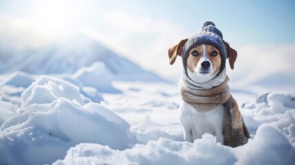 Portrait of a dog wearing a winter hat in the snow,