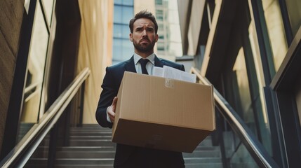 Office worker Businessman holding cardboard box with documents on stair of office building to leave office after resign from job, Loss a job, Unemployed concept.