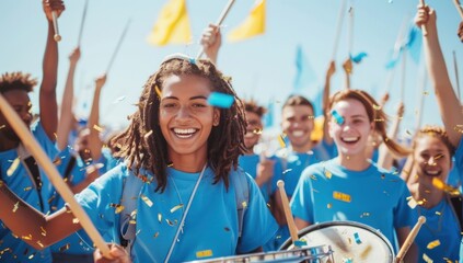 Cheerful Drummer in a Crowd of Supporters